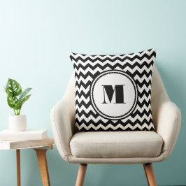 Modern zwart-wit chevron monogram kussen