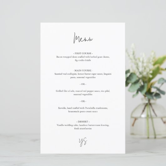Modern zwart-wit chic huwelijksmenu (Staand voorkant)