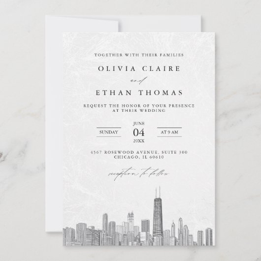 Modern zwart-wit Chicago Skyline Wedding Kaart (Voorkant)