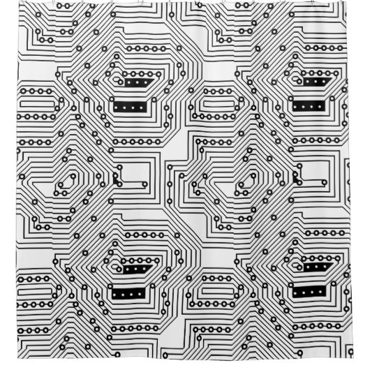 Modern zwart-wit computercircuitpatroon douchegordijn (Voorkant)