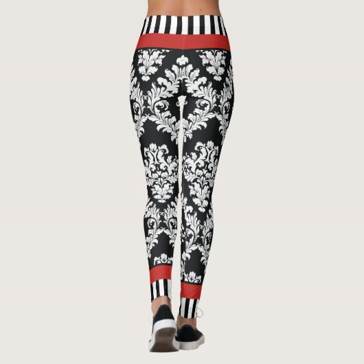Modern zwart-wit damast patroon rood leggings (Achterkant)