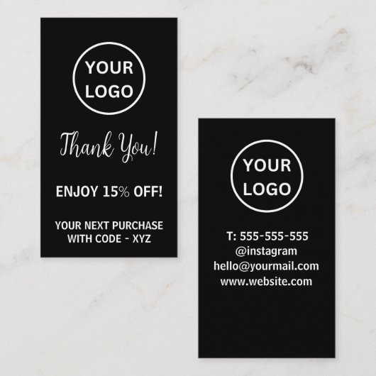 Modern Zwart Wit Dank u Business logo Kortingskaartje (Voorkant / Achterkant)