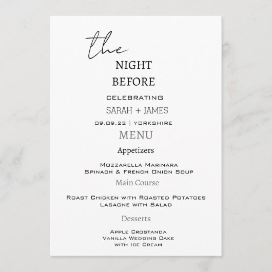 Modern zwart-wit de nacht voor bruiloft menu (Voorkant)