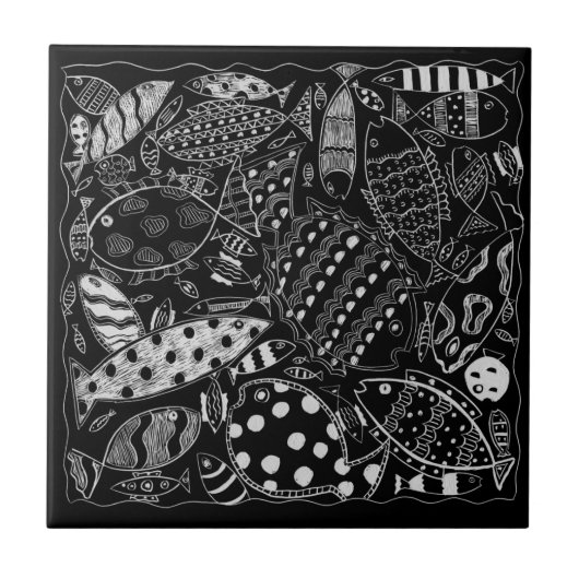 Modern zwart-wit decoratieve vispatroon  tegeltje (Voorkant)