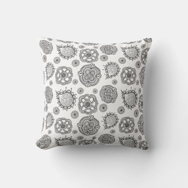 Modern zwart-wit Doodle Floral Patroon Kussen (Voorkant)
