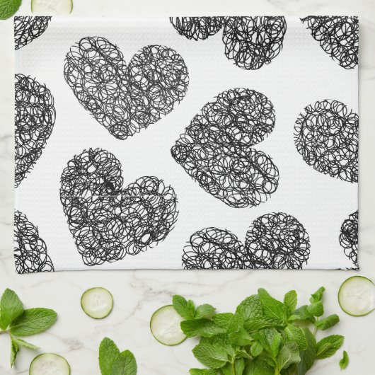 Modern zwart-wit Doodle-hartenpatroon Theedoek (Gevouwen)