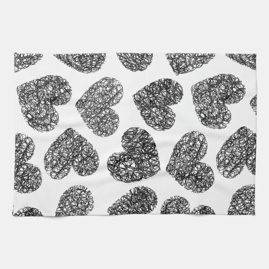 Modern zwart-wit Doodle-hartenpatroon Theedoek (Horizontaal)
