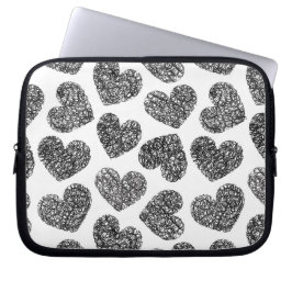 Modern zwart-wit Doodle Hearts Pattern Laptop Sleeve