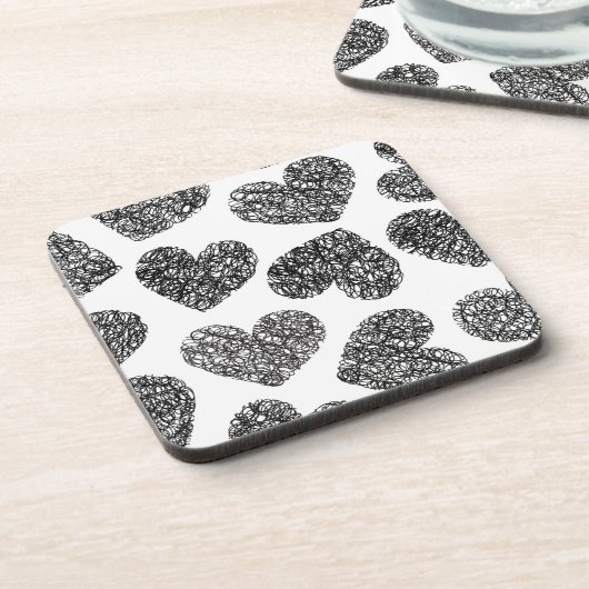 Modern zwart-wit Doodle Hearts Pattern Onderzetter (Linkerzijde)