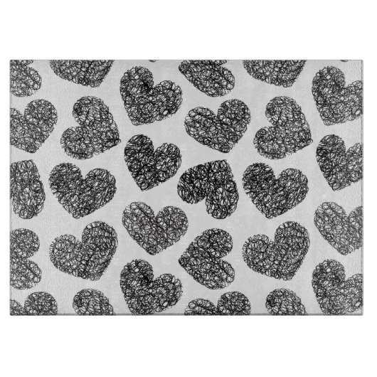 Modern zwart-wit Doodle Hearts Pattern Snijplank (Voorkant)