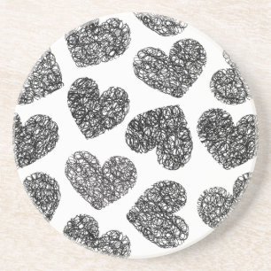 Modern zwart-wit Doodle Hearts Pattern Zandsteen Onderzetter