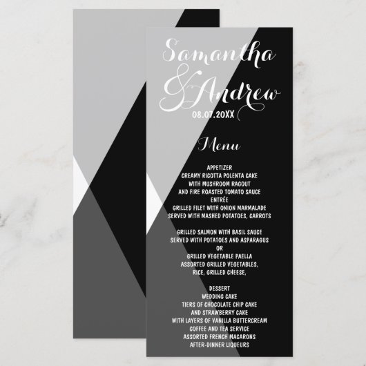 Modern zwart wit driehoeken bruiloft menu (Voorkant / Achterkant)