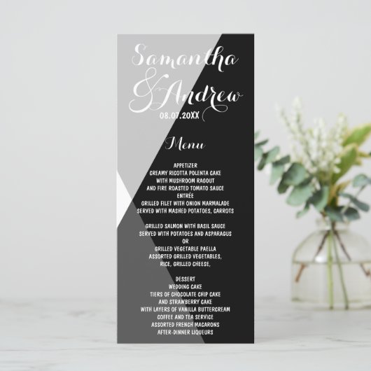 Modern zwart wit driehoeken bruiloft menu (Staand voorkant)