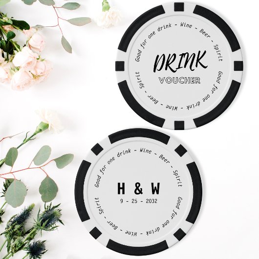 Modern Zwart Wit Drink Voucher Naam Datum Bruiloft Poker Chips