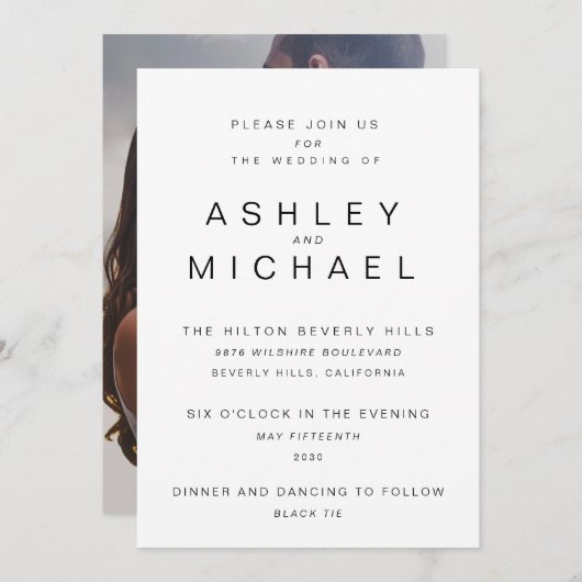 MODERN ZWART & WIT Eenvoudige Fotobruiloft Kaart (Voorkant / Achterkant)