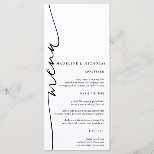 Modern zwart-wit eenvoudige kalligrafie bruiloft menu (Voorkant)