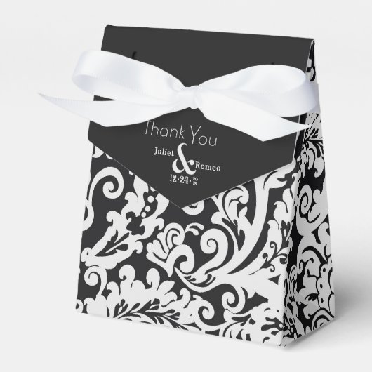 Modern Zwart Wit Elegant Bloemen Damast Bruiloft Bedankdoosjes (Voorkant Zijde)