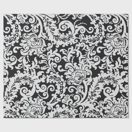 Modern Zwart & Wit Elegant Bloemen Damast Bruiloft Cadeaupapier (Vlak)