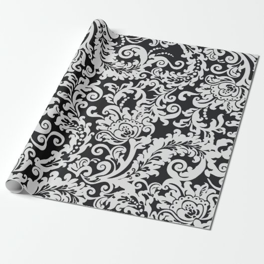Modern Zwart & Wit Elegant Bloemen Damast Bruiloft Cadeaupapier (Uitgerold)