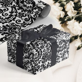 Modern Zwart & Wit Elegant Bloemen Damast Bruiloft Cadeaupapier
