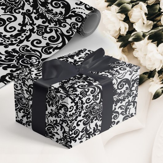 Modern Zwart & Wit Elegant Bloemen Damast Bruiloft Cadeaupapier