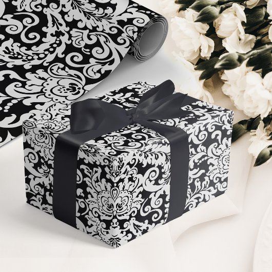 Modern Zwart & Wit Elegant Bloemen Damast Bruiloft Cadeaupapier