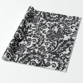 Modern Zwart & Wit Elegant Bloemen Damast Bruiloft Cadeaupapier (Uitgerold)