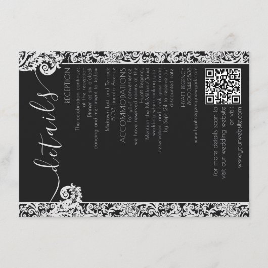 Modern Zwart & Wit Elegant Bloemen Damast Bruiloft Informatiekaartje (Voorkant)