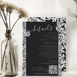 Modern Zwart & Wit Elegant Bloemen Damast Bruiloft Informatiekaartje