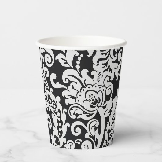 Modern Zwart & Wit Elegant Bloemen Damast Bruiloft Papieren Bekers (Achterkant)