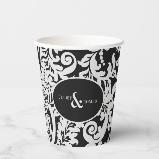 Modern Zwart & Wit Elegant Bloemen Damast Bruiloft Papieren Bekers (Voorkant)