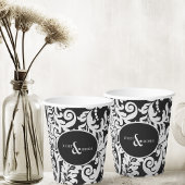 Modern Zwart & Wit Elegant Bloemen Damast Bruiloft Papieren Bekers