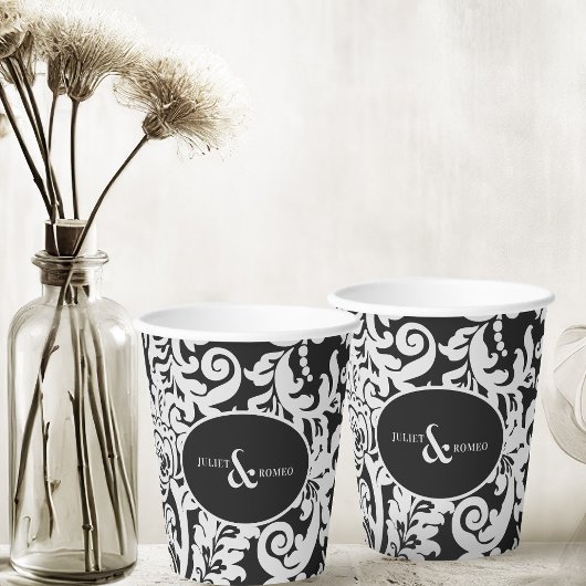 Modern Zwart & Wit Elegant Bloemen Damast Bruiloft Papieren Bekers