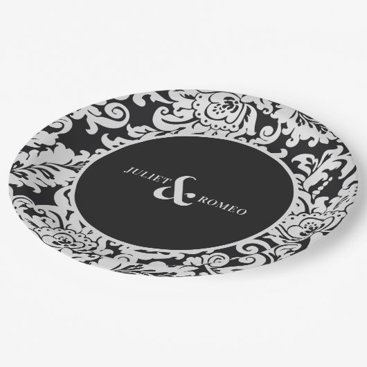 Modern Zwart & Wit Elegant Bloemen Damast Bruiloft Papieren Bordje (Gekanteld)