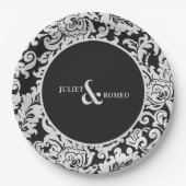 Modern Zwart & Wit Elegant Bloemen Damast Bruiloft Papieren Bordje (Voorkant)