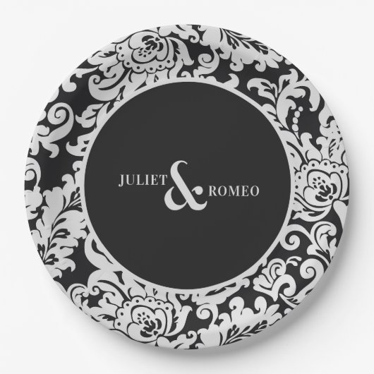 Modern Zwart & Wit Elegant Bloemen Damast Bruiloft Papieren Bordje (Voorkant)