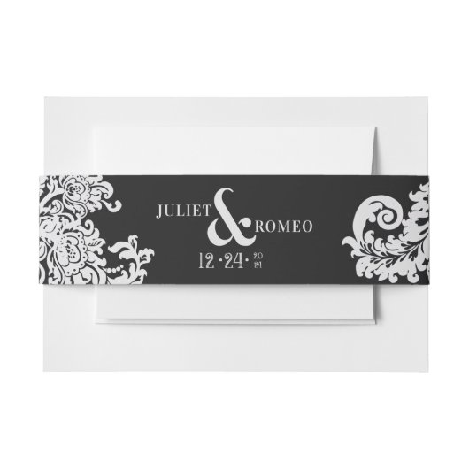 Modern Zwart & Wit Elegant Bloemen Damast Bruiloft Uitnodigingen Wikkel (Voorkant Voorbeeld)