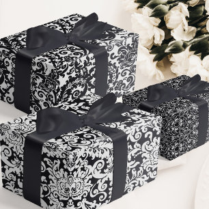 Modern zwart-wit Elegant Bloemen Damast Inpakpapier Vel