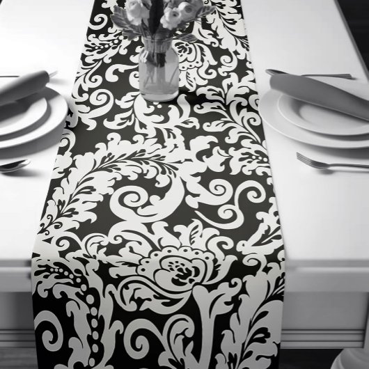 Modern zwart-wit Elegant Bloemen Damast Korte Tafelloper