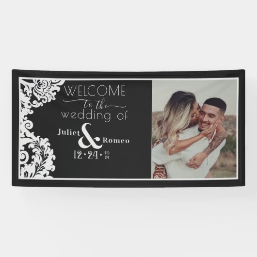 Modern zwart-wit Elegant Damask Welkom Spandoek (Horizontaal)