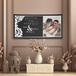 Modern zwart-wit Elegant Damask Welkom Spandoek