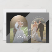 Modern zwart wit elegant script foto bruiloft bedankkaart (Voorkant)