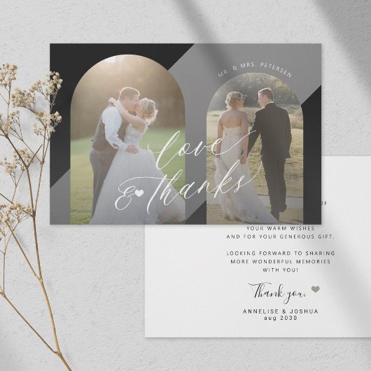 Modern zwart wit elegant script foto bruiloft bedankkaart