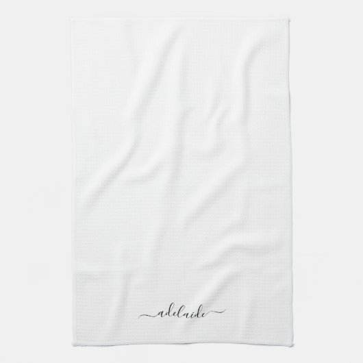 Modern zwart-wit Elegant Script Name Monogram Theedoek (Verticaal)