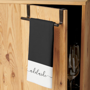 Modern zwart-wit Elegant Script Name Monogram Theedoek