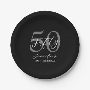 Modern zwart-wit elegante 50e verjaardag papieren bordje