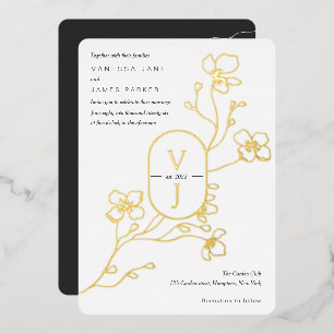 Modern zwart, wit en goud, bloemige trouw goud folie uitnodiging