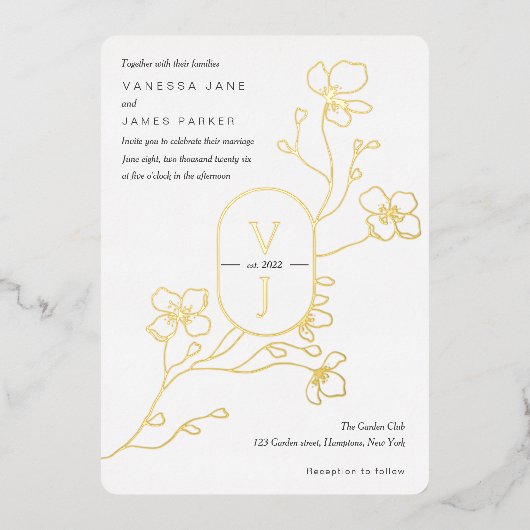Modern zwart, wit en goud, bloemige trouw goud folie uitnodiging (Voorkant)