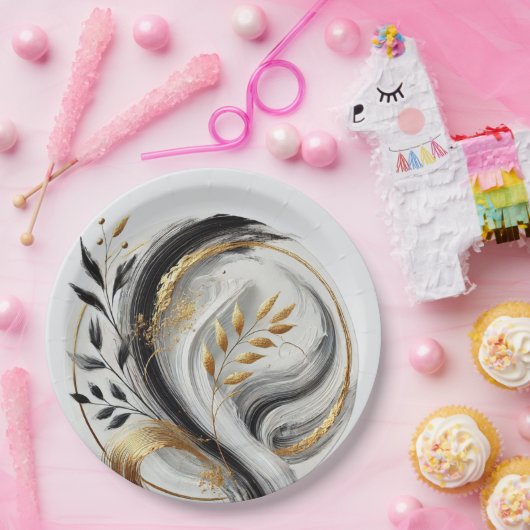 Modern Zwart Wit en Goud Botanisch Papieren Bordje (Feest)