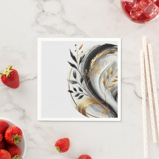Modern Zwart Wit en Goud Botanisch Servet (Insitu)